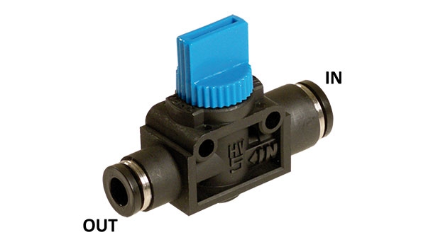 3/2-way manual shut-off valves with quick fittings on both sides